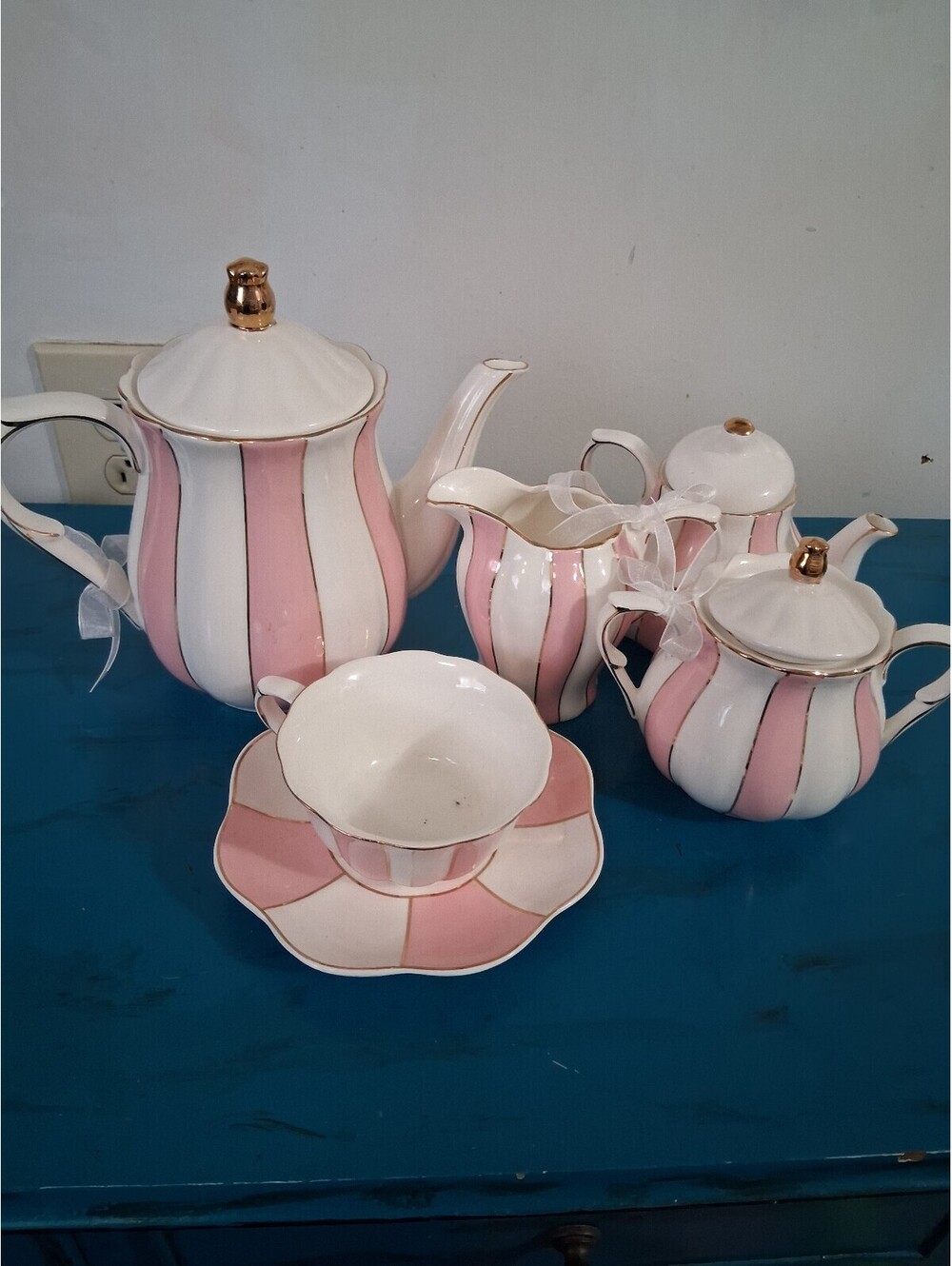 Vintage Cynthia Rowley Pink and White Striped Porcelain Tea Set